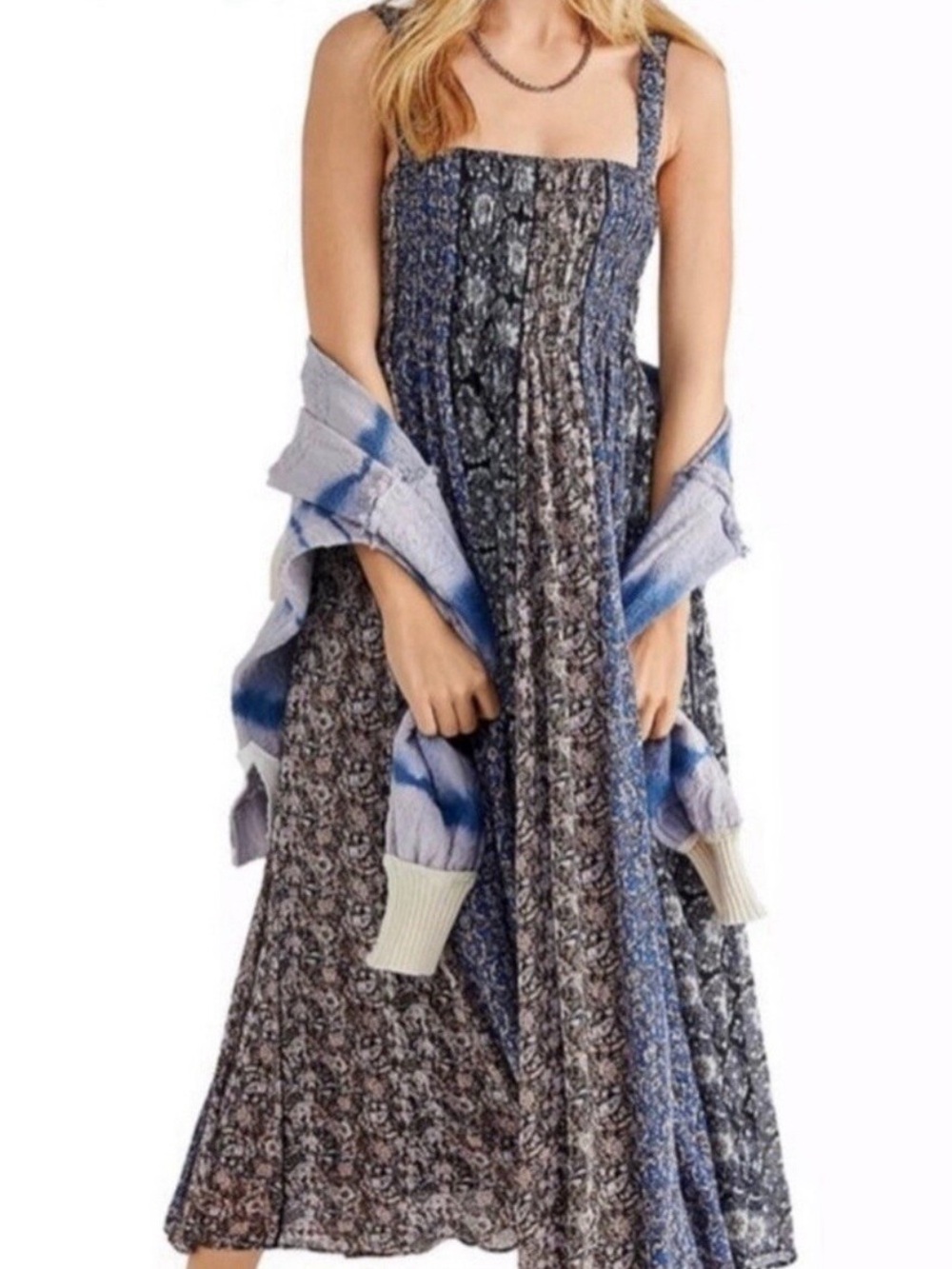 Free people Come Together multicolored print smocked long midi dress sz.XS